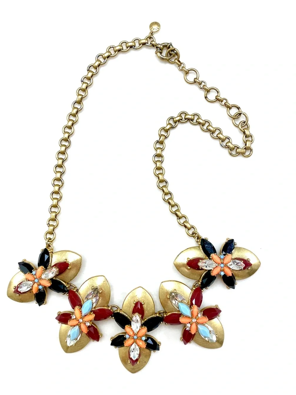 J. Crew Gold Floral Necklace with Black, Red, Orange, Light Blue Accents